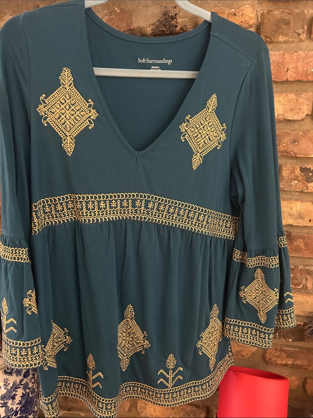 Soft Surroundings Teal Tunic with Gold Embroidery